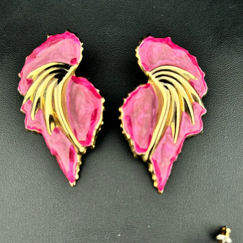 Vintage 1980 Pink Enamel Angel Wing Post Back Earrings